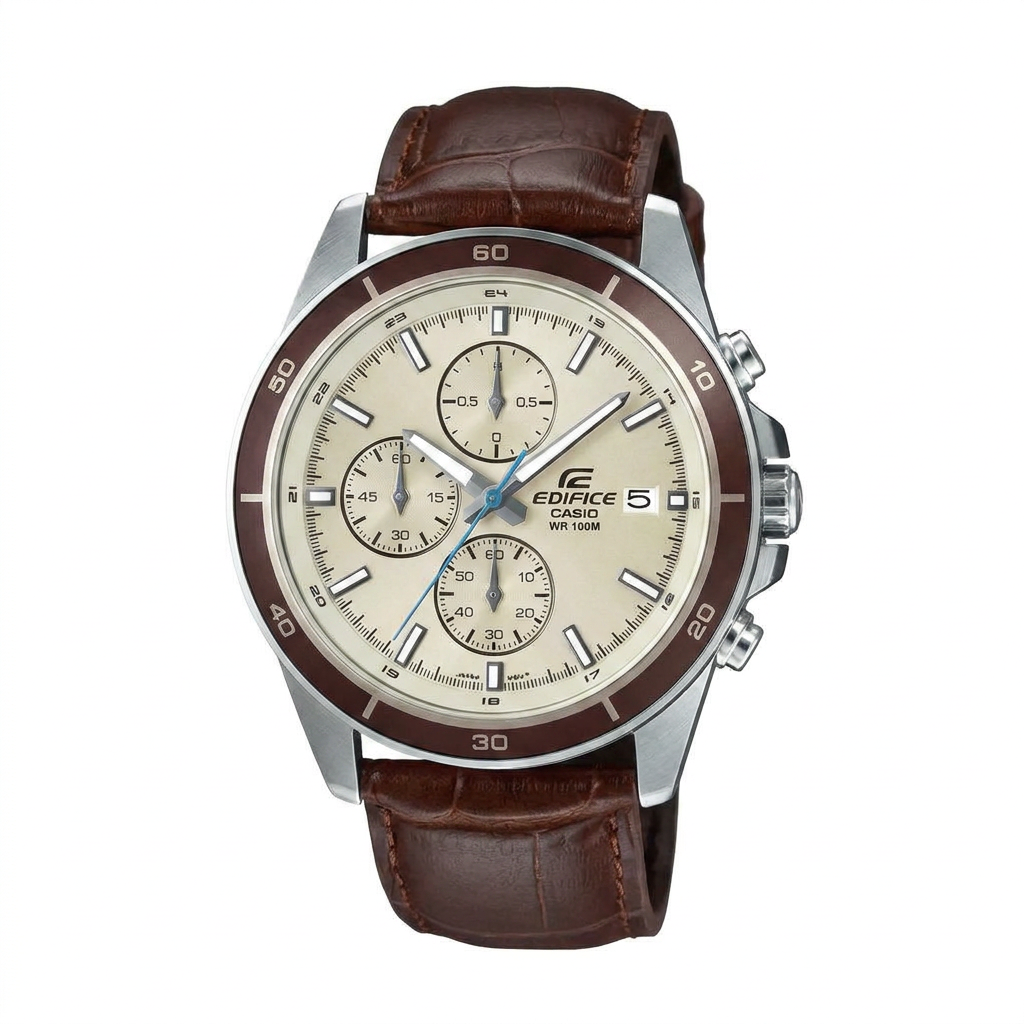 Casio Edifice Beige Analog Dial Brown Leather Band Men's Watch Chronograph EFR-526L-7BVUDF